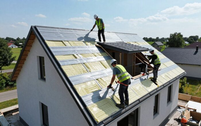 Arbeiter in Schutzkleidung installieren Hochleistungsdämmplatten auf einem schrägen deutschen Wohnhausdach unter klarem Himmel