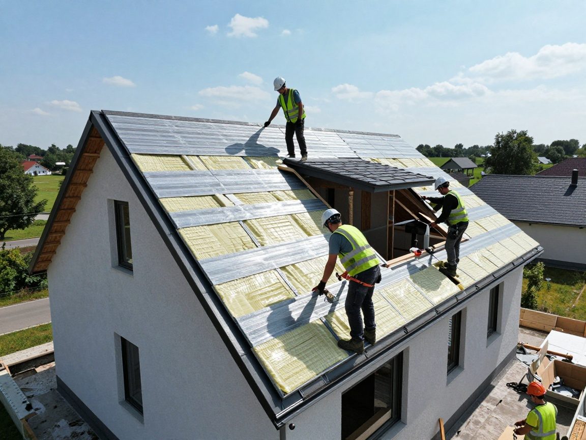 Arbeiter in Schutzkleidung installieren Hochleistungsdämmplatten auf einem schrägen deutschen Wohnhausdach unter klarem Himmel