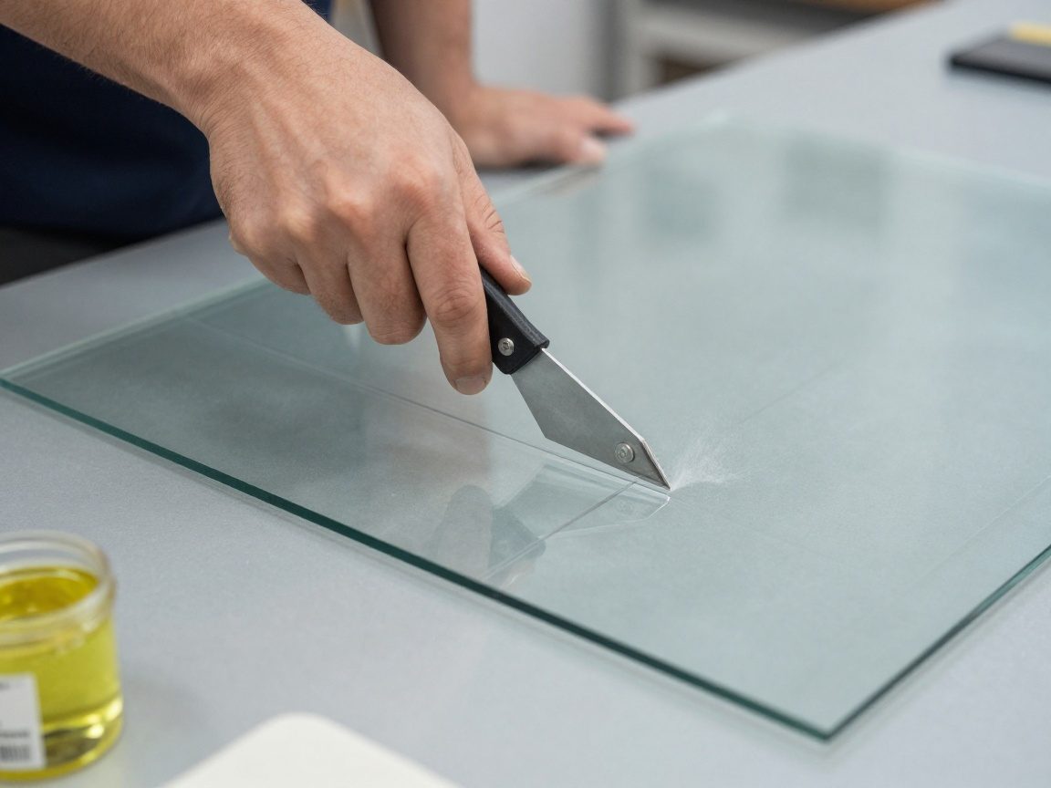 Hand mit Glaszange schneidet eine Linie in ein Sicherheitsglas, sichtbarer Riss und Staubwolke auf Arbeitsplatte