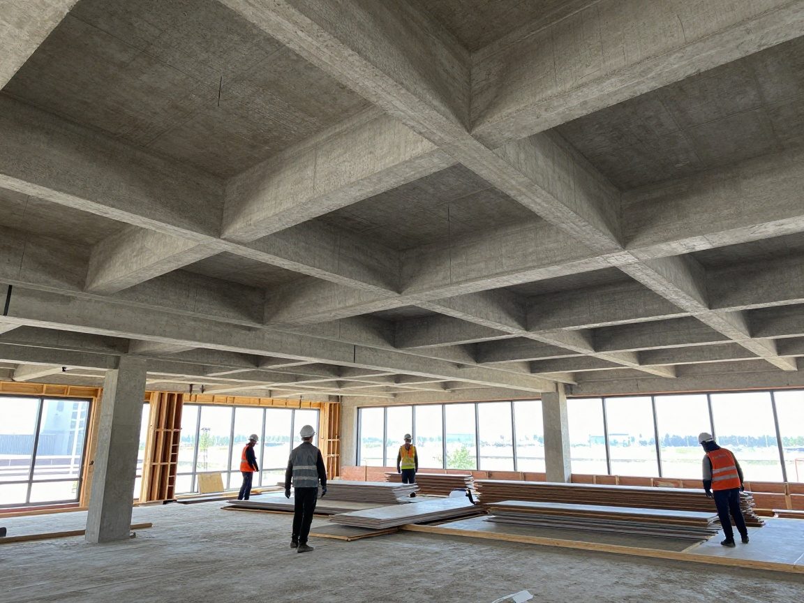 Modernes Baustellenbild mit teilweise fertiggestellter Decke aus Betonbalken, Holzbalken und Gipskartonplatten, Arbeiter tragen Helme und Warnwesten