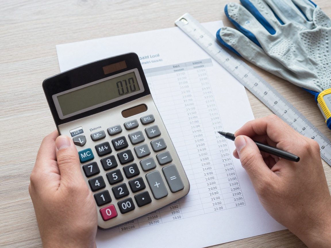 Hand hält Taschenrechner und Blatt mit Lastberechnungen für Gerüst, daneben Lineal und Schutzhandschuhe auf Tisch