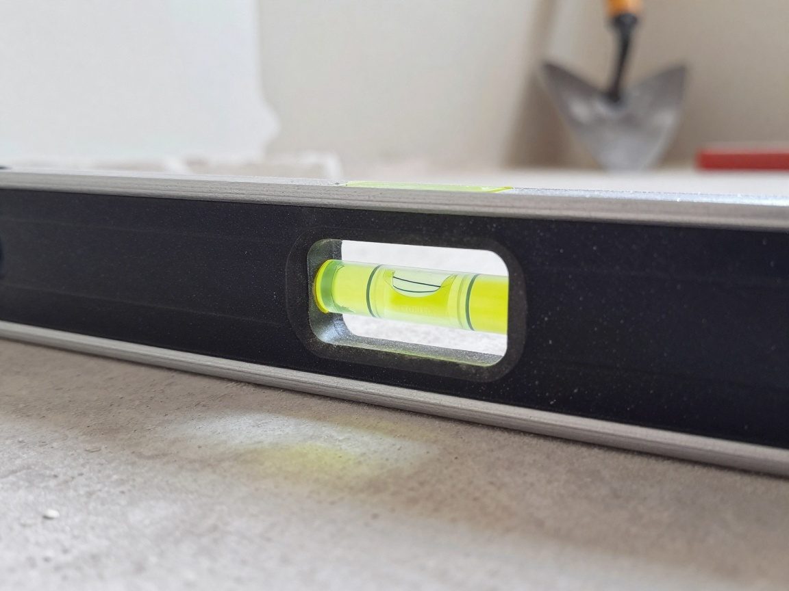 Nahaufnahme eines Spirit Levels mit zentrierter Blase, platziert auf frisch nivellierter Fläche; Hintergrund zeigt teilweise fertiggestellte Wand und Fliesenschaber