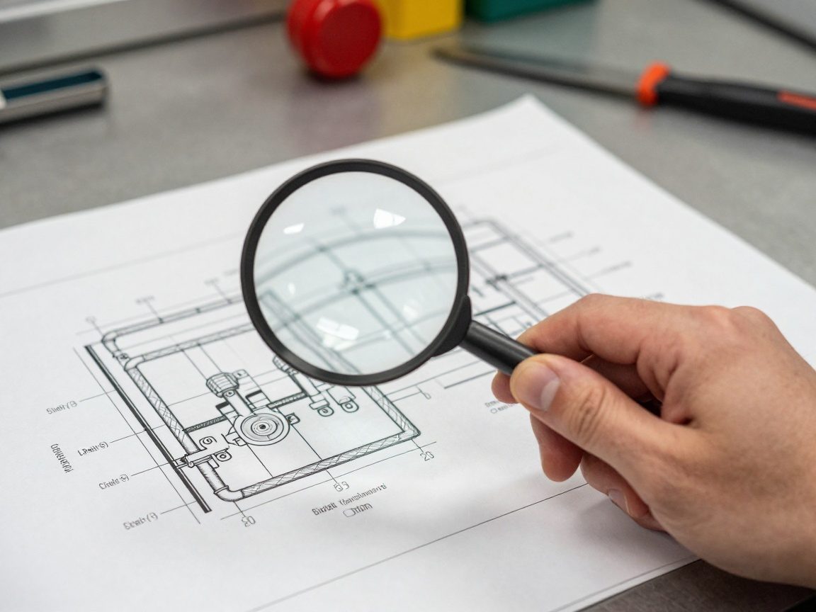 Nahaufnahme einer Hand, die eine Lupe auf einen detaillierten Heizungsinstallationsplan hält, der Rohrverläufe und Ventilpositionen zeigt