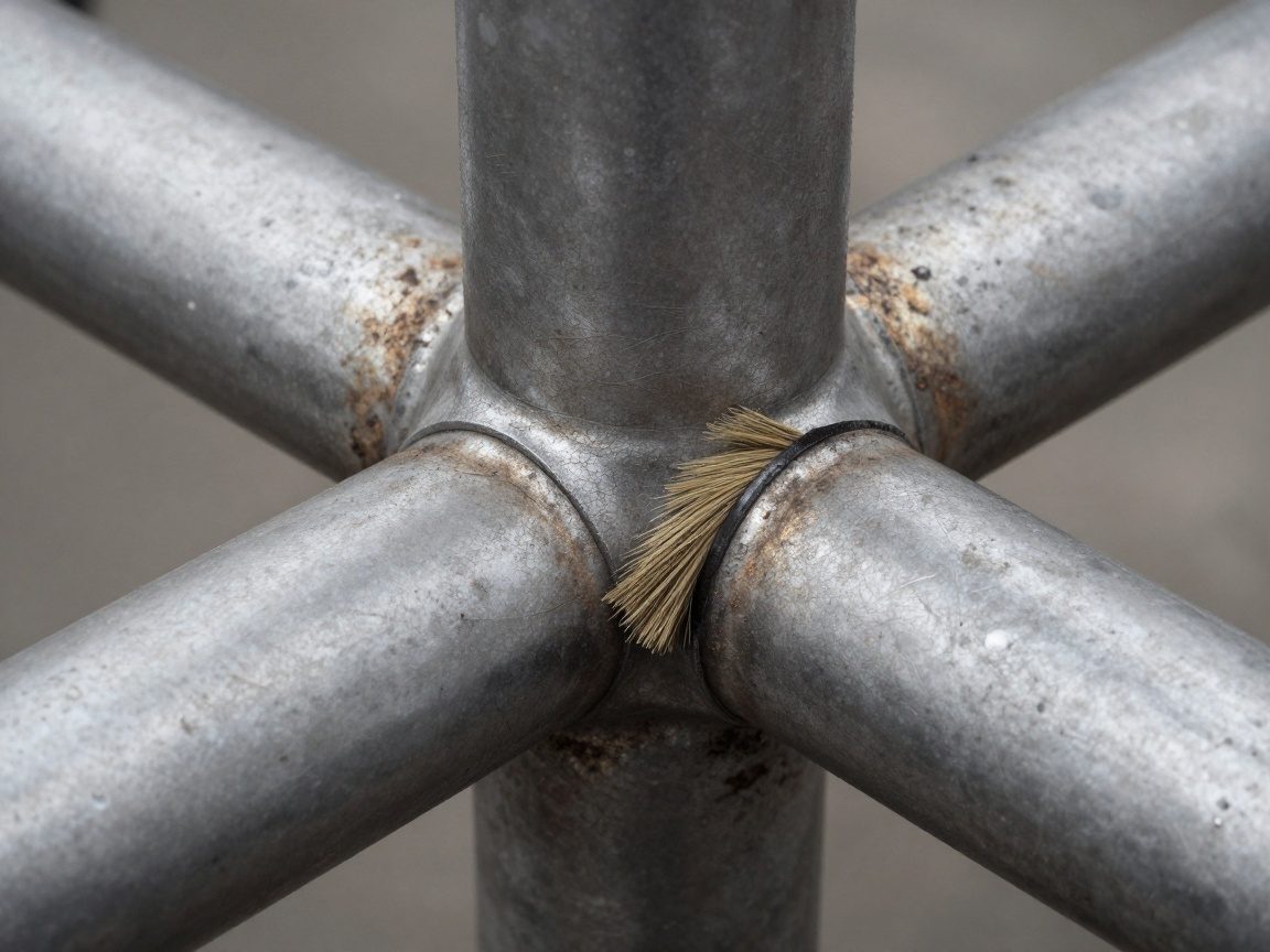 Nahaufnahme eines metallischen T‑Verbindungsstücks in einer Schornsteinhöhle mit Ruß und Korrosion, ein kleiner Pinsel ist teilweise eingeführt