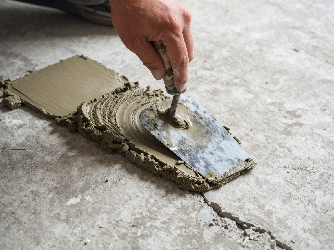 Nahaufnahme einer Hand eines Fliesenlegers, die einen Kellenblatt hält und feuchten Mörtel auf eine unebene Betonfläche verteilt
