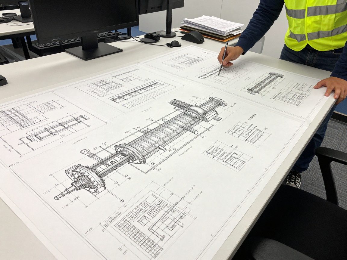 Breitwinkelaufnahme eines Tischs mit technischen Zeichnungen, Rohrplan und Schaltplänen einer HVAC-Anlage; Techniker in Sicherheitsweste betrachtet die Pläne