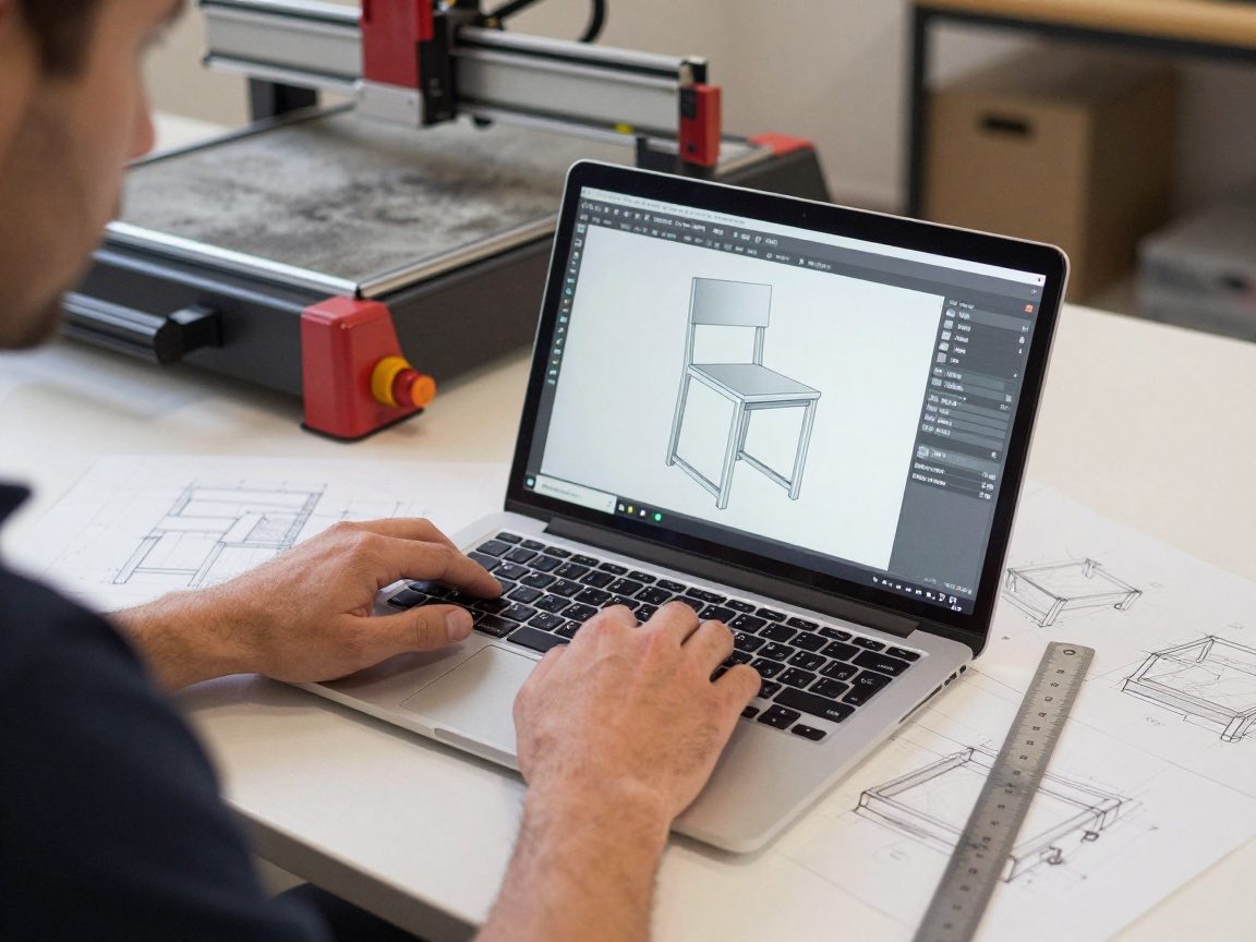 Ein Schreiner arbeitet an einem Laptop mit CAD-Software, auf dem ein 3D-Modell eines Stuhls angezeigt wird; umgeben von Skizzen, Lineal und einer kleinen CNC-Maschine.