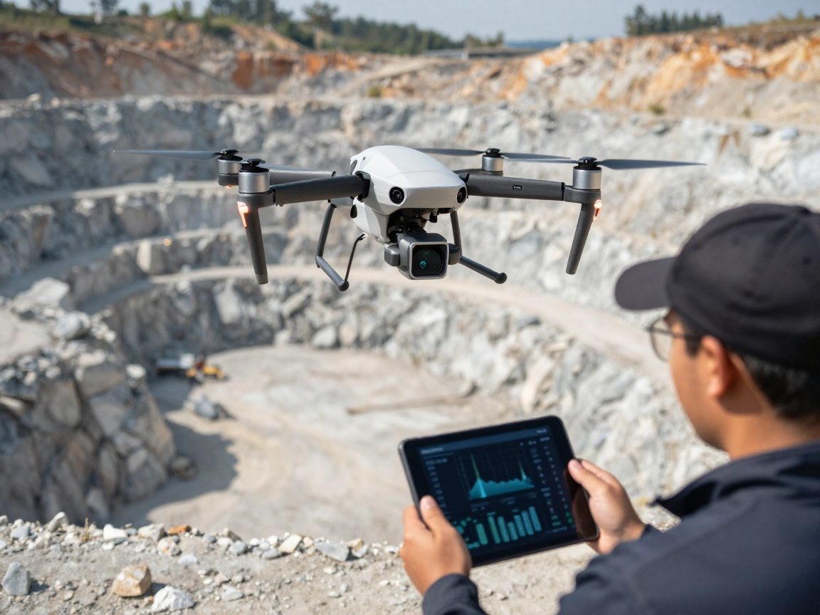 Drohne schwebt über einem Steinbruch, während ein Techniker Daten auf einem Tablet überwacht