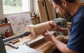 Drechsler in Werkstatt mit Holzlathe, rohem Holz und Skizzen, Sonnenlicht fällt durch Fenster