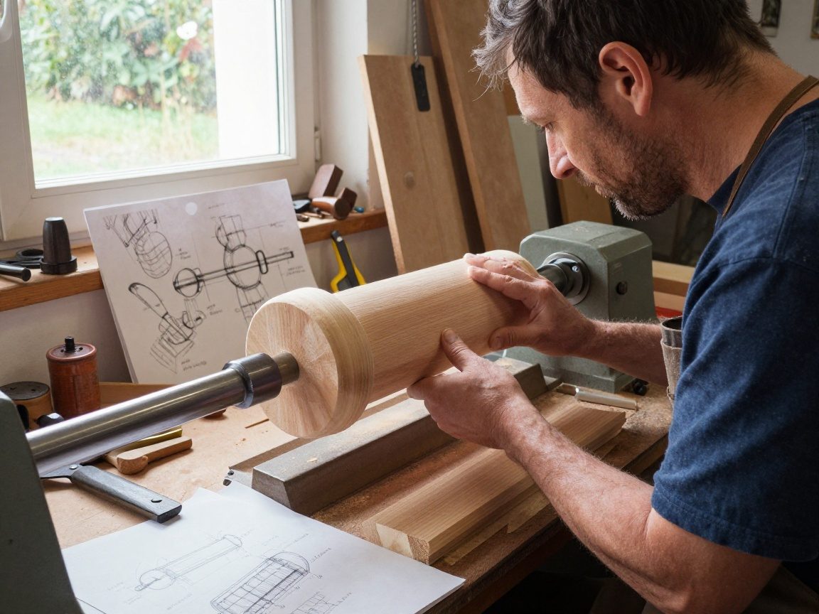 Drechsler in Werkstatt mit Holzlathe, rohem Holz und Skizzen, Sonnenlicht fällt durch Fenster