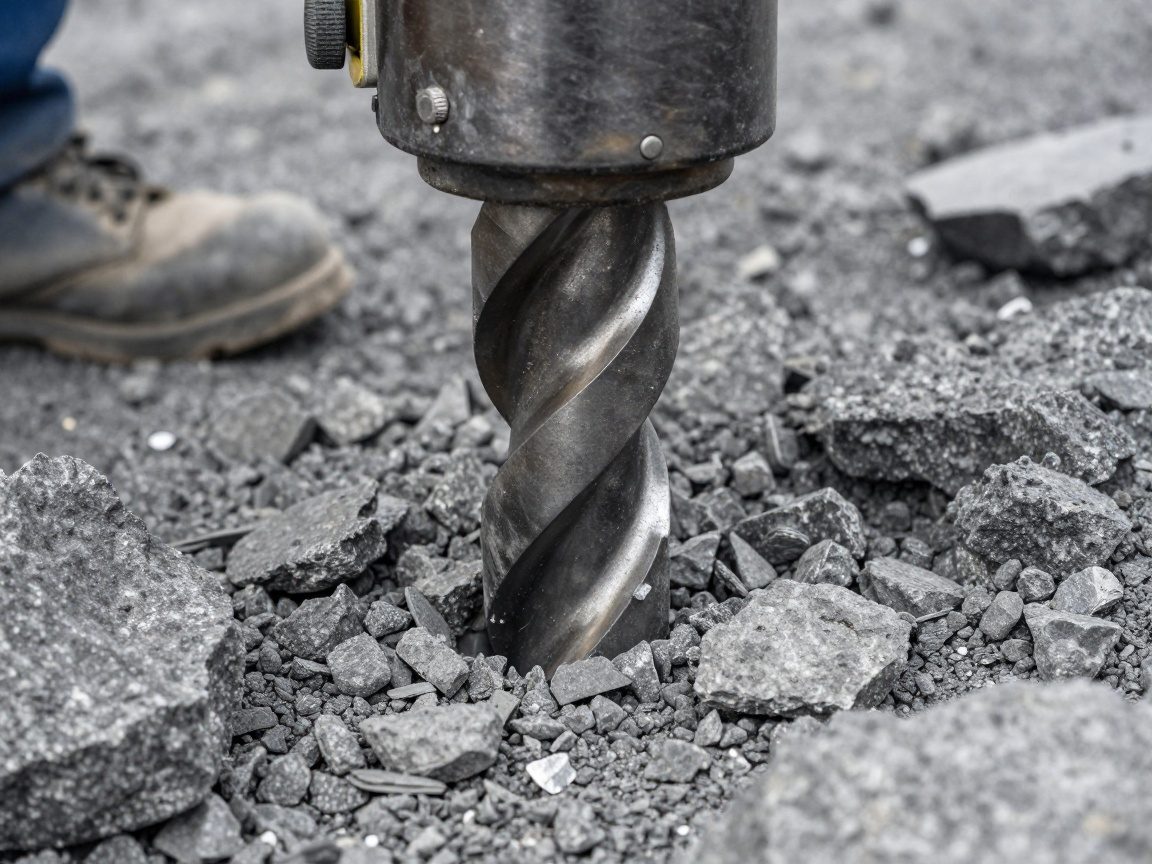 Nahaufnahme eines Hochgeschwindigkeits-Rotationsbohrkörpers, der in hartes Basalt bohrt – sichtbare Textur des Bohrkörpers und umgebende Gesteinsplitter