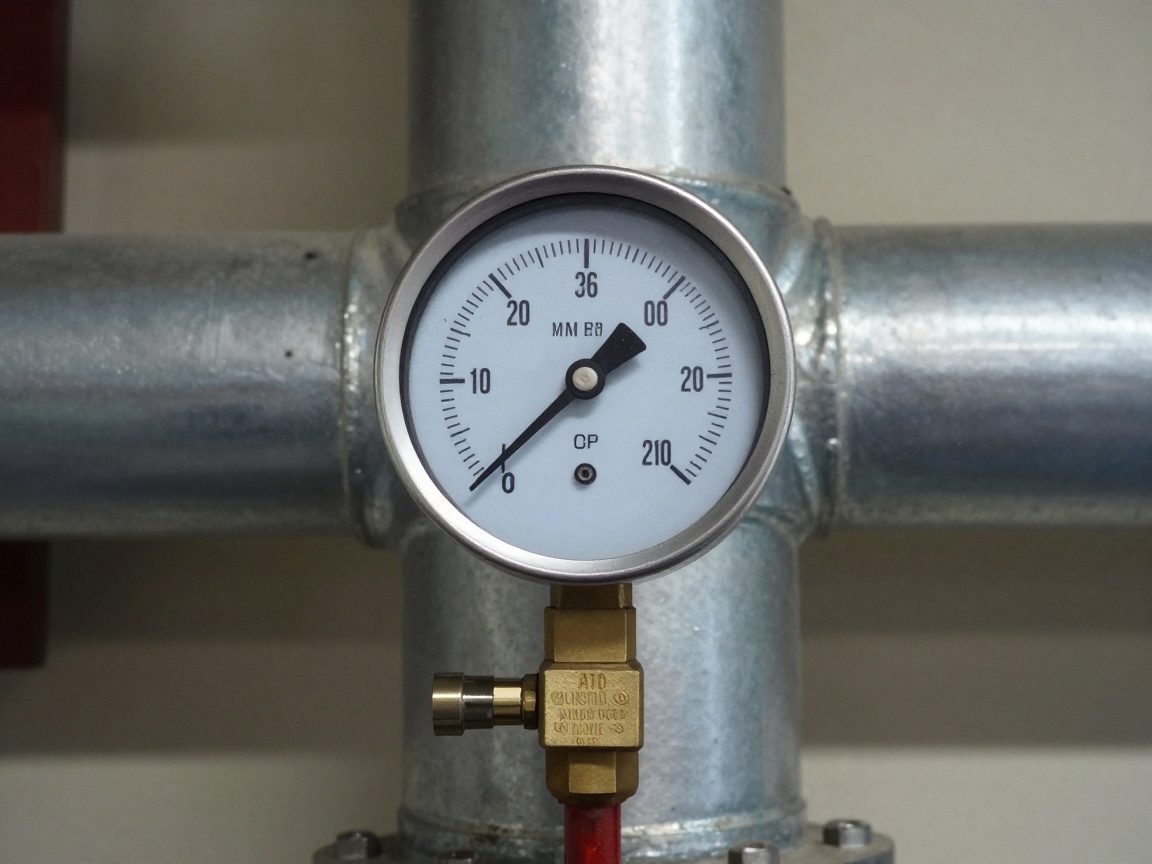 Technisches Bild eines Druckmessers, montiert an einem Lüftungsrohr, mit deutlicher Nadelanzeige und Rohrsegmenten im Hintergrund