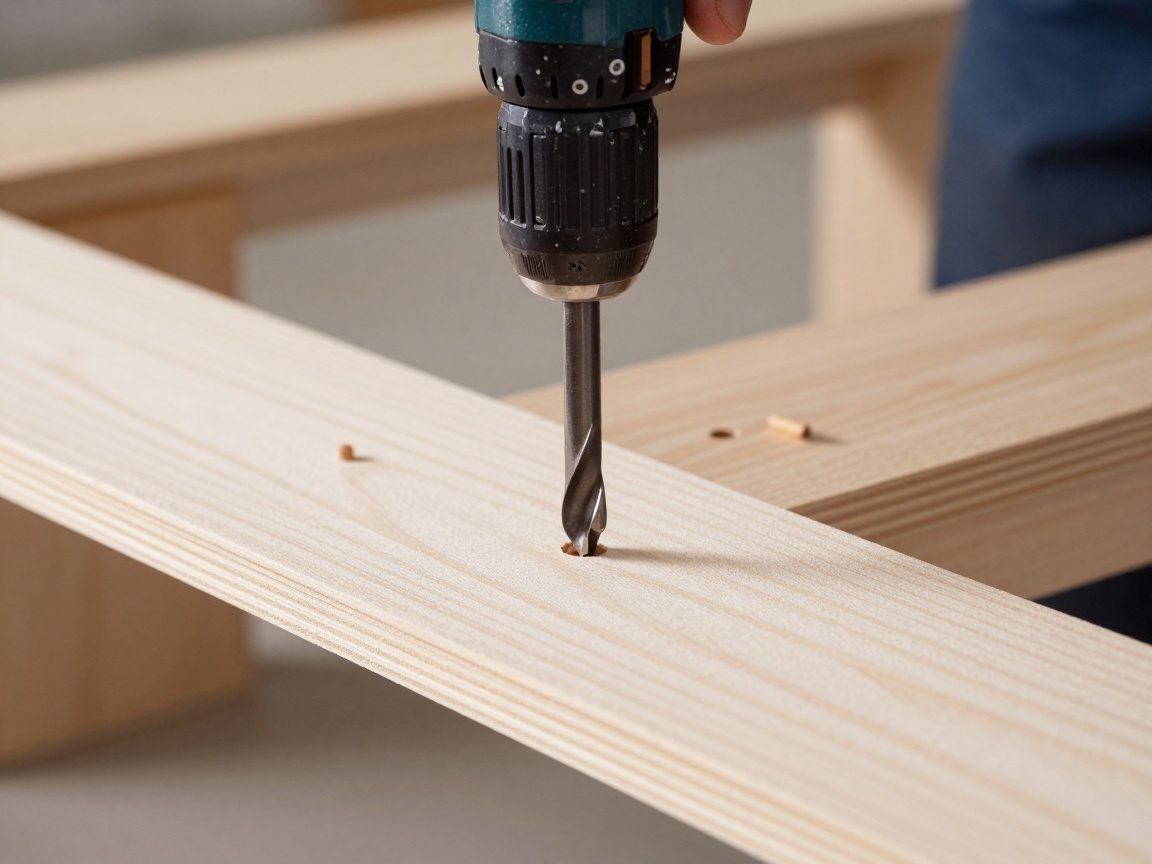 Handwerker bohrt mit einer Bohrmaschine ein Loch in eine Holztafel, daneben liegt ein kleiner Holzschraubenkern