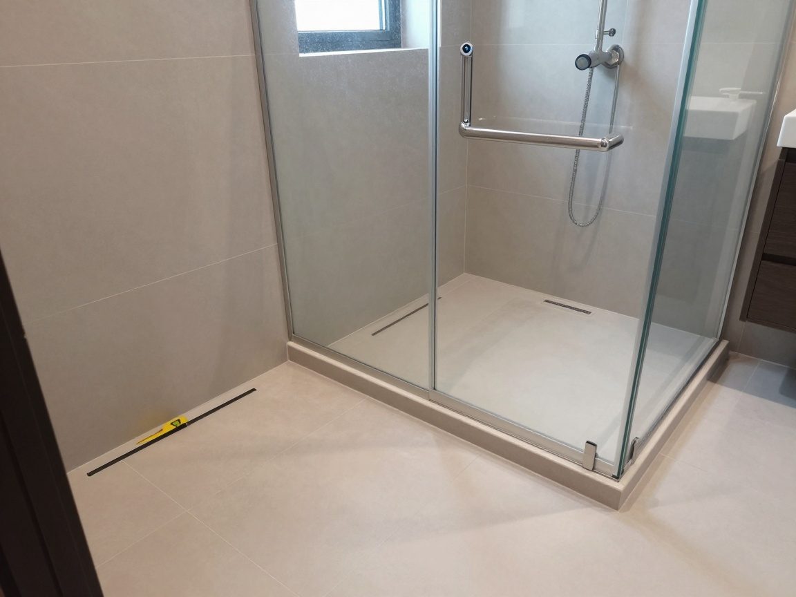 Klempner mit Spirit Level in moderner Dusche mit niedrigem Türschwellenbereich und Griffstange, Glasabtrennung ohne Rahmen