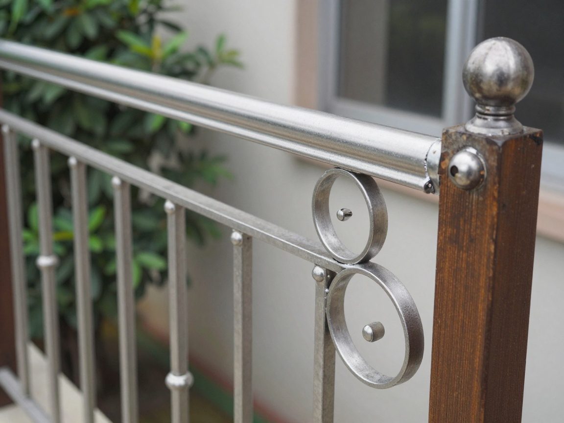 Rostfreier Schmiedegarten aus Edelstahl mit glatter Oberfläche, befestigt an einem Holzpfosten in einem Garten