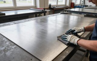 Mitarbeiter in Schutzbrille und Handschuhen wäscht mit Mikrofaser ein glänzendes Edelstahlblech in einem modernen Werkstattbereich