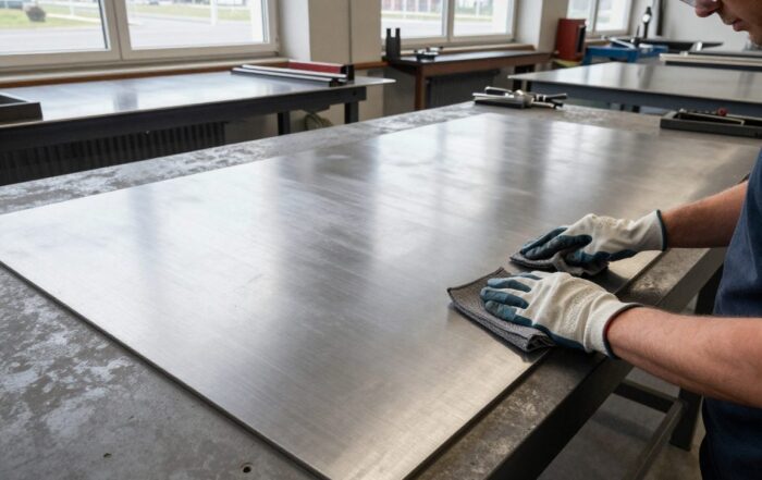 Mitarbeiter in Schutzbrille und Handschuhen wäscht mit Mikrofaser ein glänzendes Edelstahlblech in einem modernen Werkstattbereich