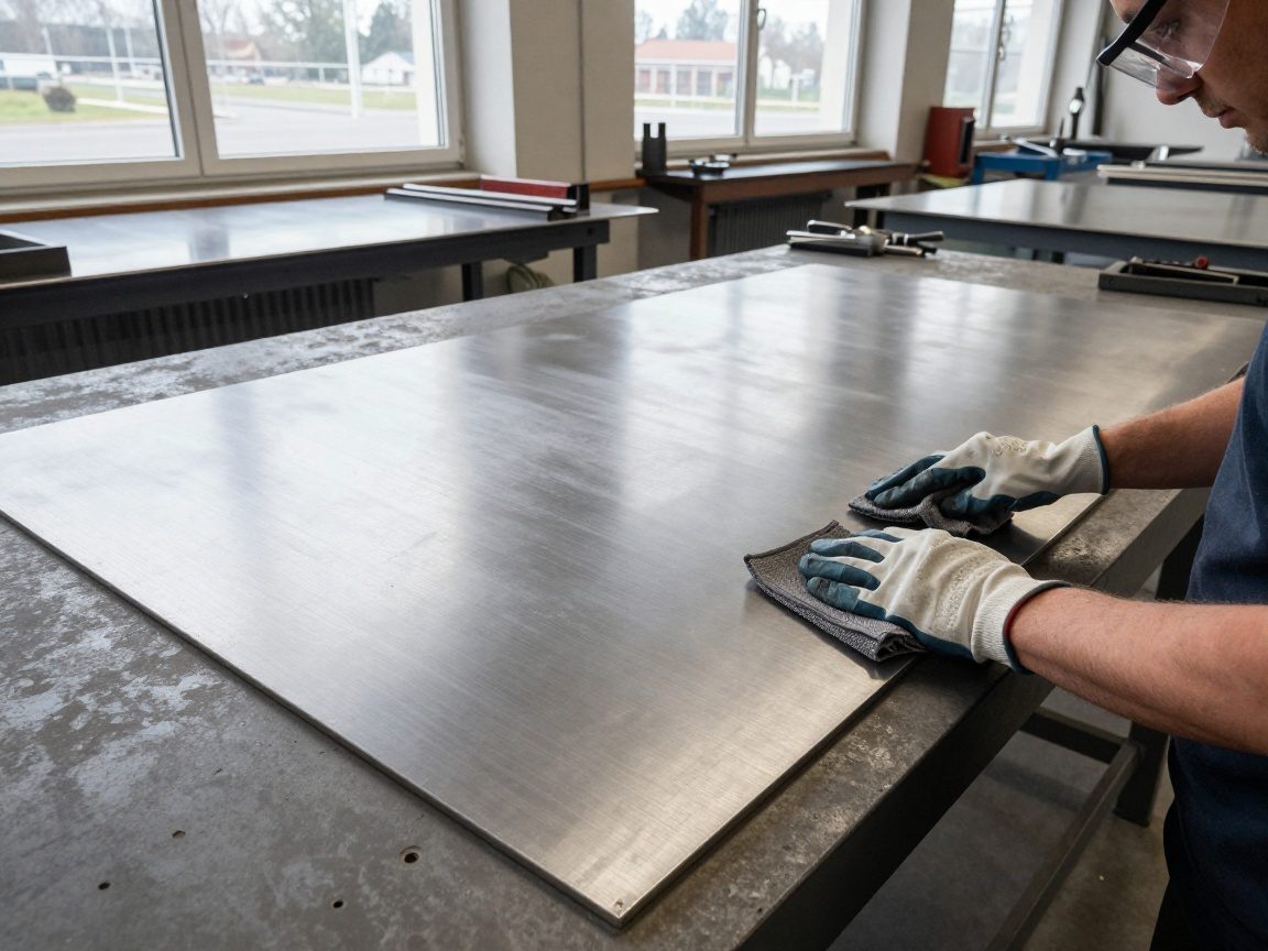 Mitarbeiter in Schutzbrille und Handschuhen wäscht mit Mikrofaser ein glänzendes Edelstahlblech in einem modernen Werkstattbereich