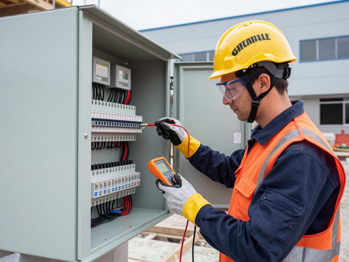 Elektroniker prüft neues Industrieelektropanel Deutscher Elektroniker in Schutzhelm und Handschuhen steht neben einem neu installierten Industrieelektrikpanel, während er mit einem Multimeter die Verdrahtung überprüft.