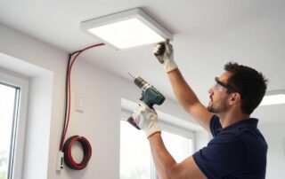 Deutscher Elektriker installiert ein modernes LED-Panel in einem hellen Büro, trägt Schutzhandschuhe und -brille, nutzt Bohrer und Kabelmanagement