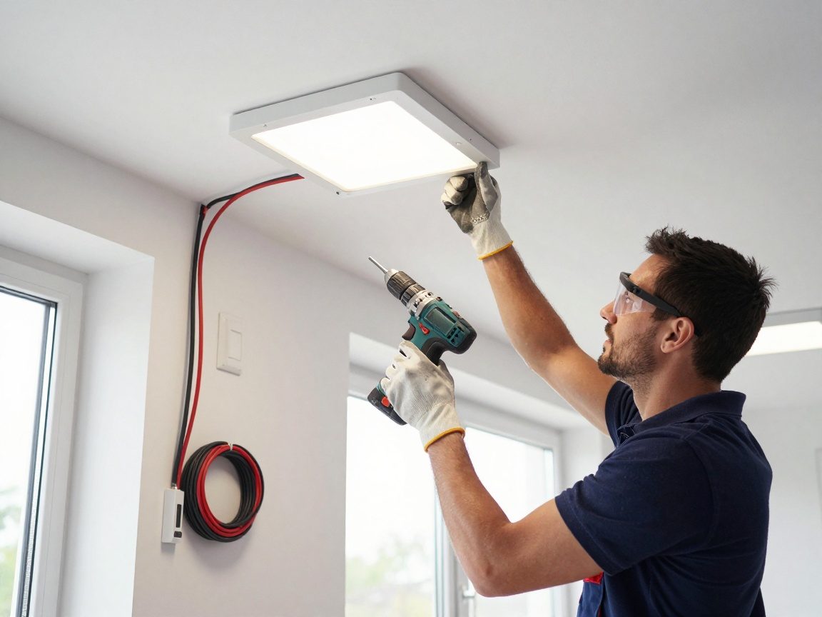 Deutscher Elektriker installiert ein modernes LED-Panel in einem hellen Büro, trägt Schutzhandschuhe und -brille, nutzt Bohrer und Kabelmanagement