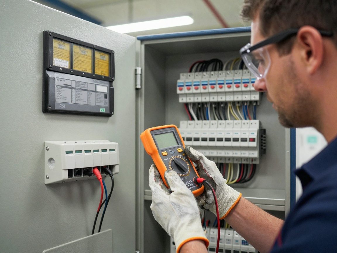 Elektrofachmann mit Multimeter an Industrie-Steuerung Deutscher Elektriker trägt Schutzbrille und Handschuhe, hält ein digitales Multimeter vor einem großen industriellen Steuerungsboard in einer Fabrik