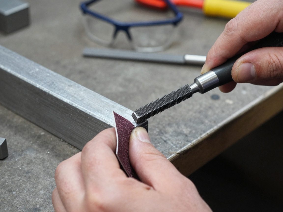 Hand mit Metallfeile glättet scharfe Grate an Stahlkanten, gefolgt von Nahaufnahme eines Schleifpapiers, das die restliche Rauheit entfernt – Werkbank mit Metallelementen und Sicherheitsausrüstung im industriellen Kontext