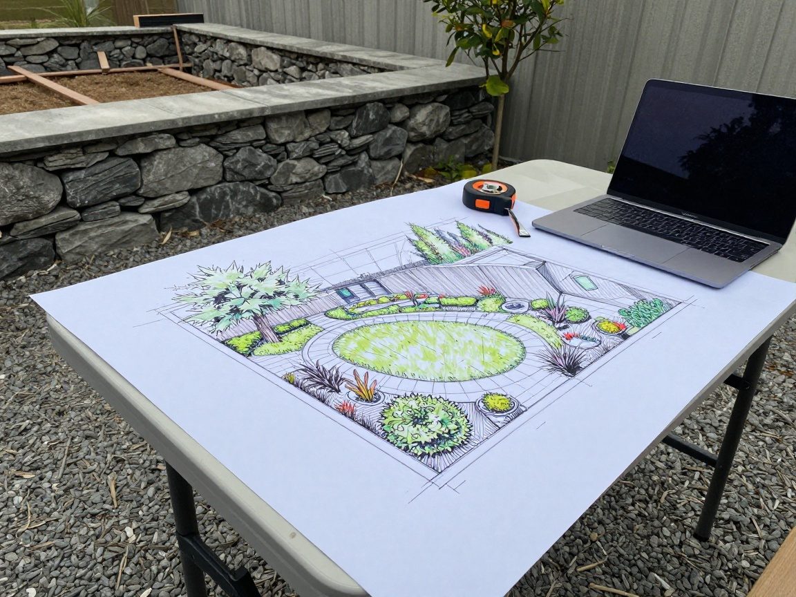 Ein Landschaftsarchitekt zeichnet auf einem großen Papierplan an einer Tischplatte im Freien, neben Laptop und Maßband, mit einem teilweise errichteten Steinmauerwerk und Baum im Hintergrund.