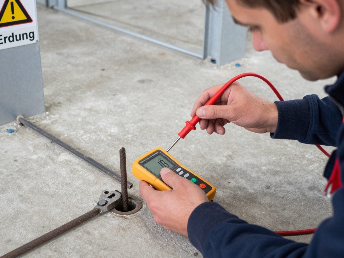 Elektriker prüft mit Widerstandsmesser die Erdungsverbindung an einem Metall-Erdstab in einer Industriehalle, während er gleichzeitig eine Schraube festzieht.