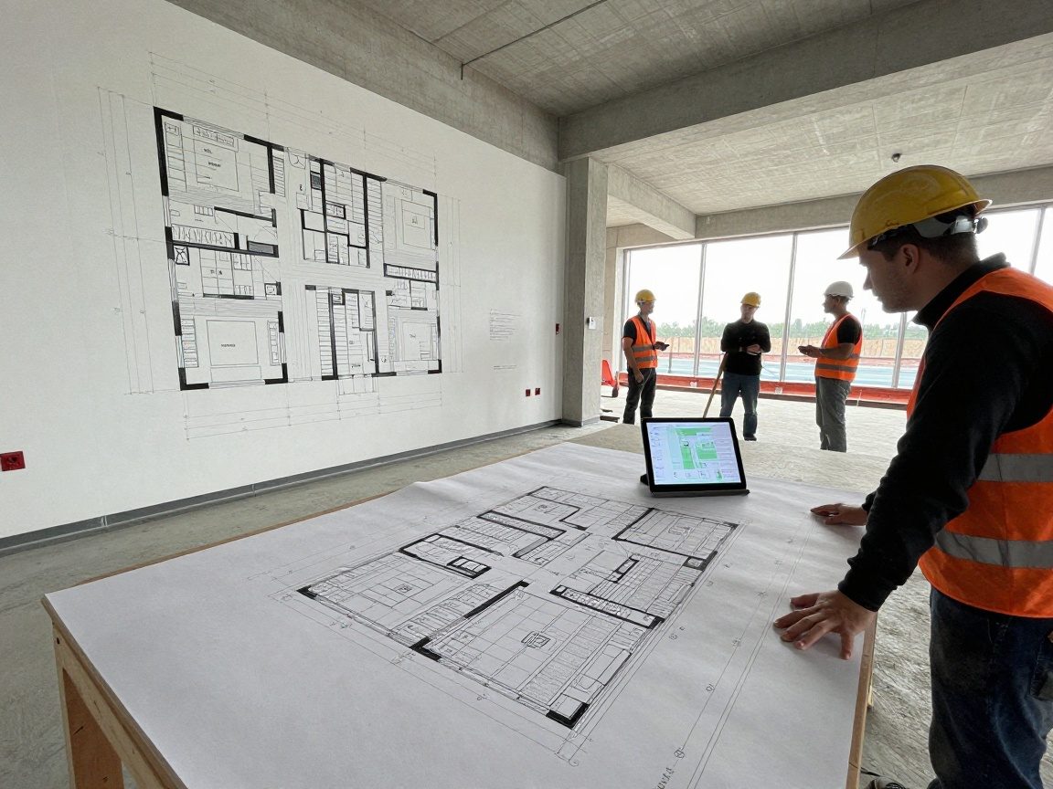 Verlegeplan Estrichbau – 3 Std., 1:50 Maßstab & Rissschutz Weitwinkelaufnahme eines modernen deutschen Bauvorhabens mit einer großen Wand, einem detaillierten Estrichplan auf einem Tisch und mehreren Arbeitern in Schutzkleidung, die den Plan besprechen