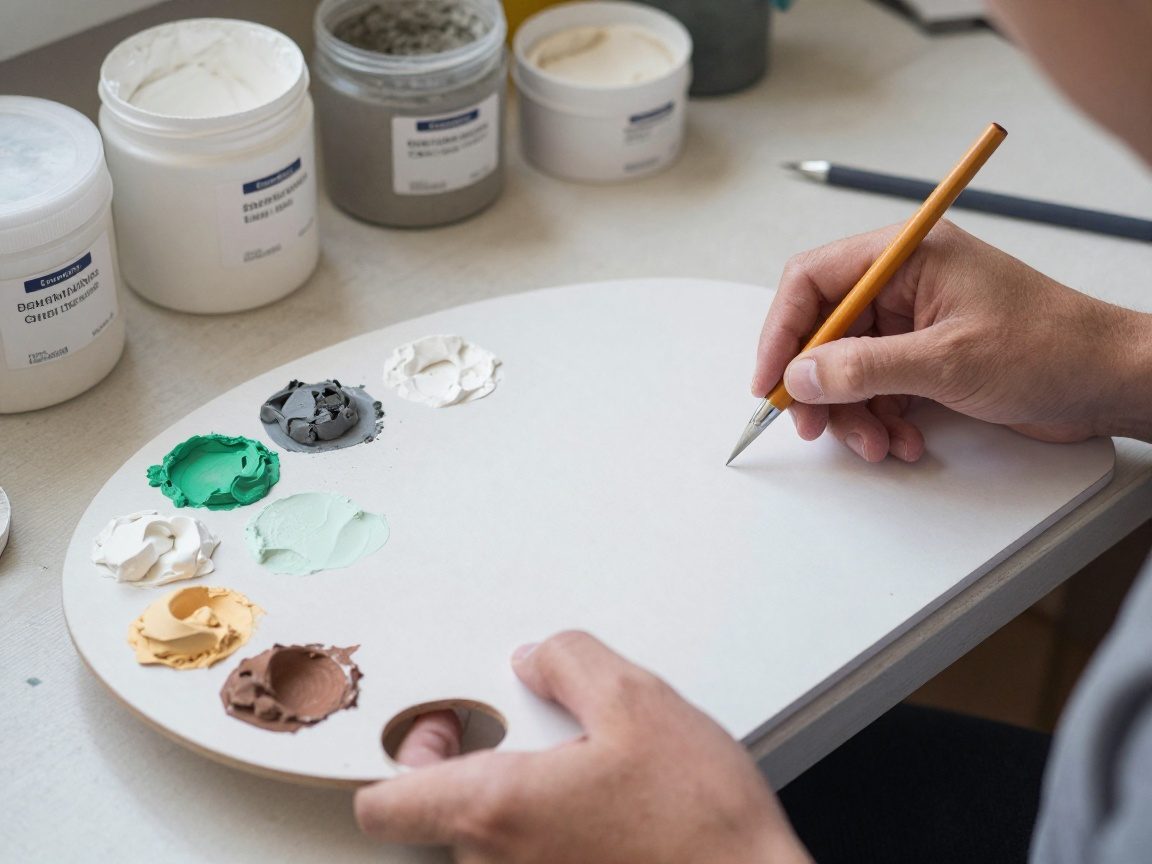 Stukkateur hält eine Palette mit Putzfarben, während er ein Musterbrett prüft; im Hintergrund liegen beschriftete Behälter mit Gips, Kalk und Zement auf einer Werkbank.