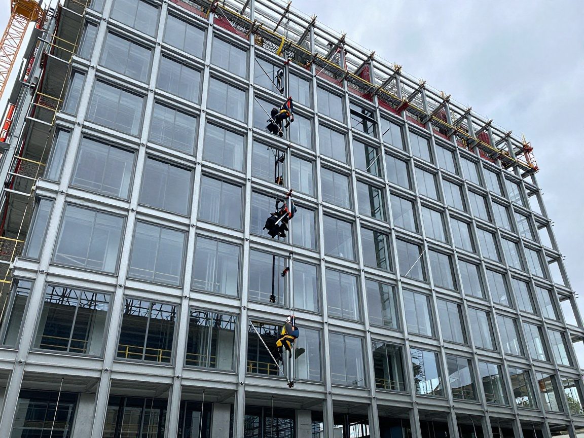 Statische Prüfung Fassadenbau – 5‑Schritte für Planung Weitwinkelaufnahme eines modernen deutschen Bürogebäudes in der Bauphase mit Stahlrahmen, Glasflächen und Arbeitern im Sicherheitsgurt