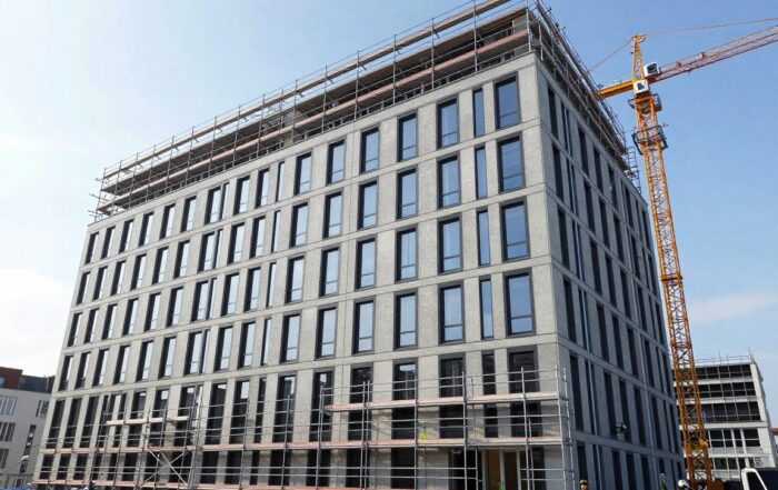 Weitwinkelaufnahme einer modernen deutschen Bürogebäudefassade im Bau: Gerüst, Arbeiter in Sicherheitswesten verlegen Klappentafeln, Kran im Hintergrund