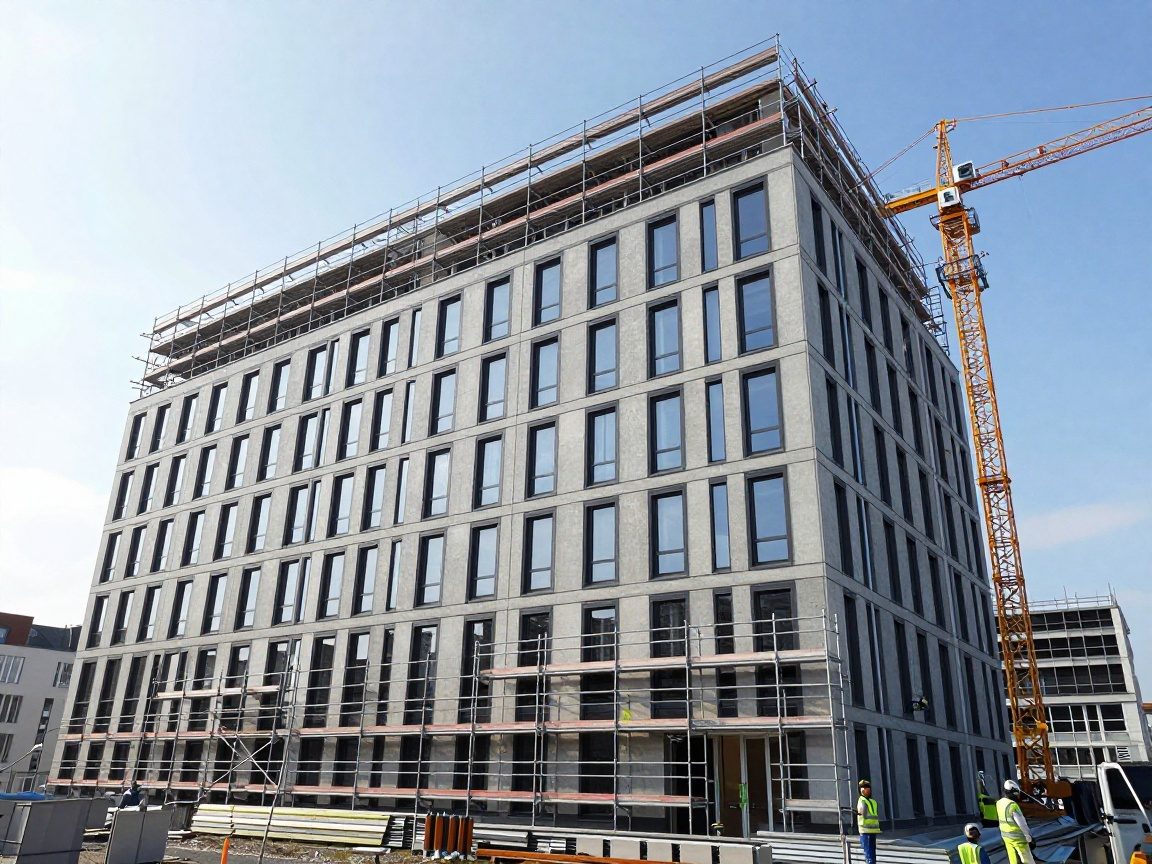 Weitwinkelaufnahme einer modernen deutschen Bürogebäudefassade im Bau: Gerüst, Arbeiter in Sicherheitswesten verlegen Klappentafeln, Kran im Hintergrund