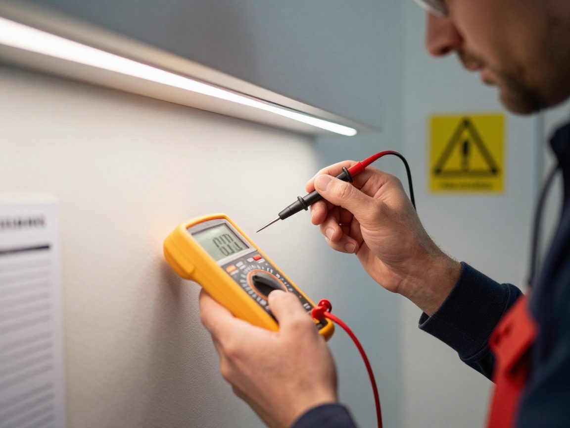 Elektroniker mit Multimeter misst Spannung an Leuchte in deutschem Büroflur, Fokus auf Messnadel und sorgfältiger Kontrolle