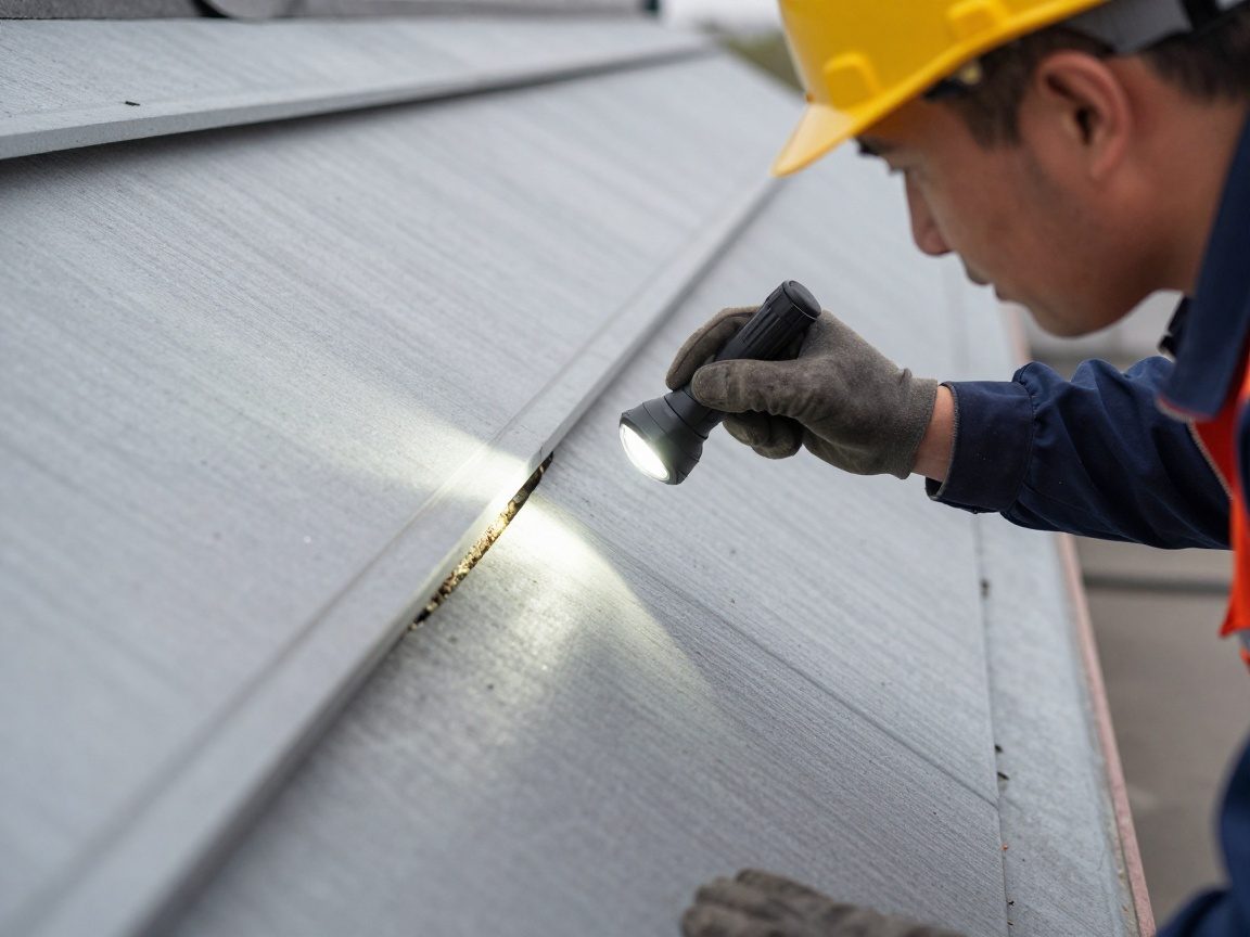 Handwerker prüft mit Taschenlampe die Isolierung eines Schrägdachs auf Lücken und Luftlecks