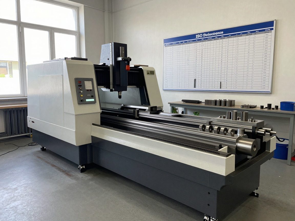 Feinmechaniker: ISO‑Toleranztable & CAD‑Tipps Weitwinkelaufnahme eines deutschen Werkstattbodens mit CNC-Drehscheibe, Arbeitsbank und großer ISO-Toleranztabelle an der Wand