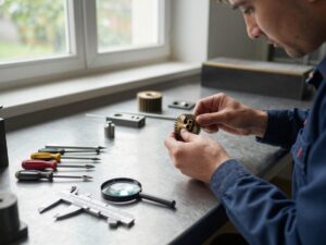 Präzisionsmechaniker arbeitet in einem deutschen Werkstattinterior an einer teilweise montierten Edelstahl- oder Messinggetriebeeinheit, umgeben von Schraubendrehern, Messschiebern und Lupen unter natürlichem Licht