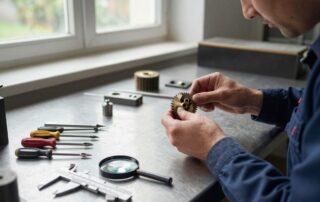 Präzisionsmechaniker arbeitet in einem deutschen Werkstattinterior an einer teilweise montierten Edelstahl- oder Messinggetriebeeinheit, umgeben von Schraubendrehern, Messschiebern und Lupen unter natürlichem Licht