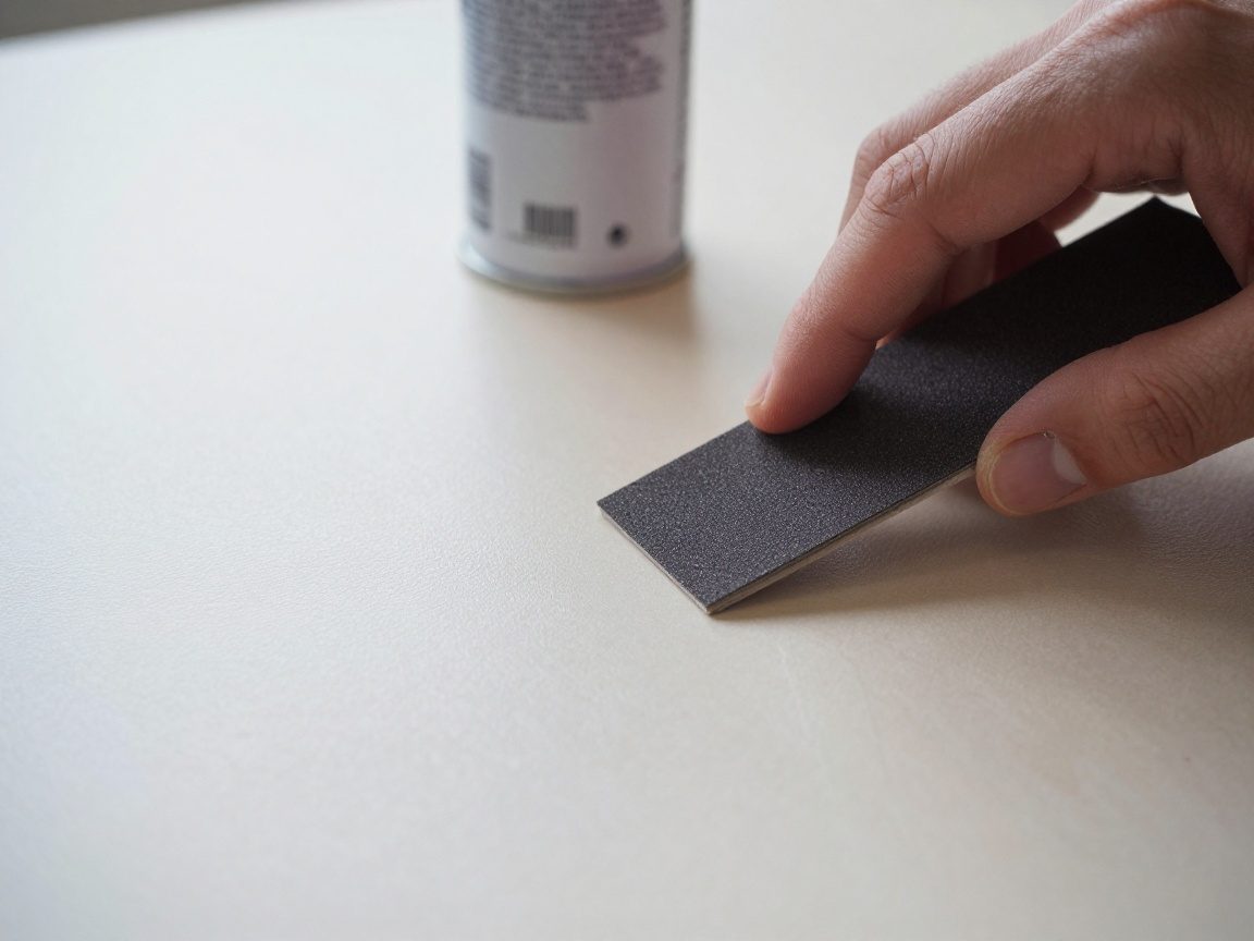 Nahaufnahme einer Hand, die feines Schleifpapier auf eine frisch geschliffene Holz- oder Metalloberfläche anwendet; im Hintergrund steht ein Sprühfächer für die nächste Lackschicht