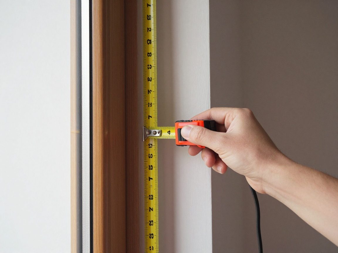 Messer und Lineal messen die Höhe und Breite eines Fensterrahmens aus dem Innenraum, Fokus auf präzise Platzierung am Holzrahmen