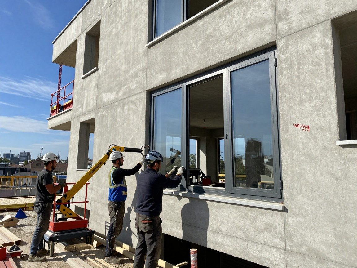 Fensterbau: Schnelle CAD-Zeichnung für moderne Fassaden Arbeitskräfte installieren ein Doppelverglastes Fenster an einer Wohngebäudefassade, umgeben von Betonwänden und Stahlrahmen