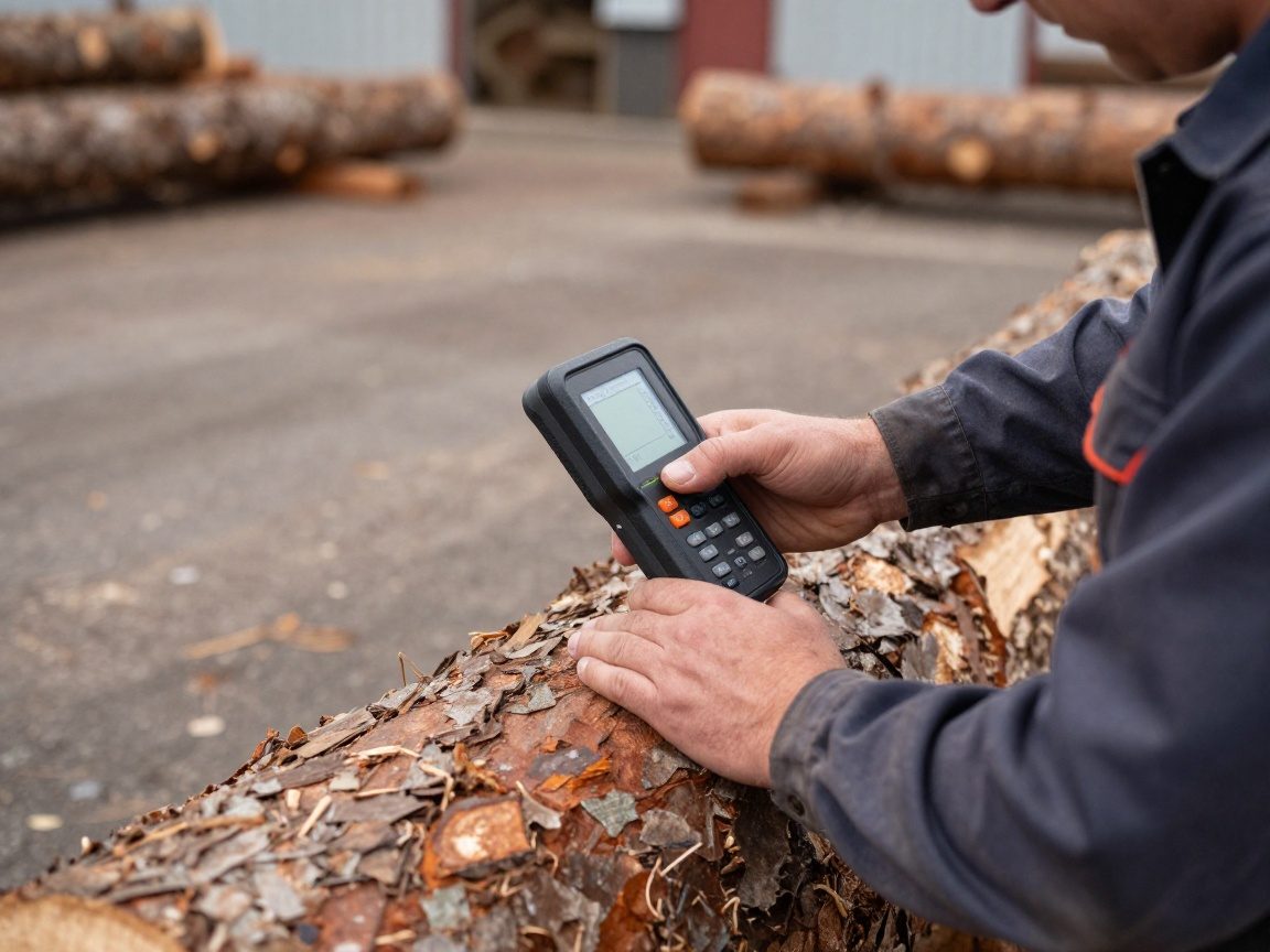 Arbeiter misst mit Digitalfeuchtesensor die Feuchtigkeit eines Holzstamms auf einer Ladefläche des Sägewerks