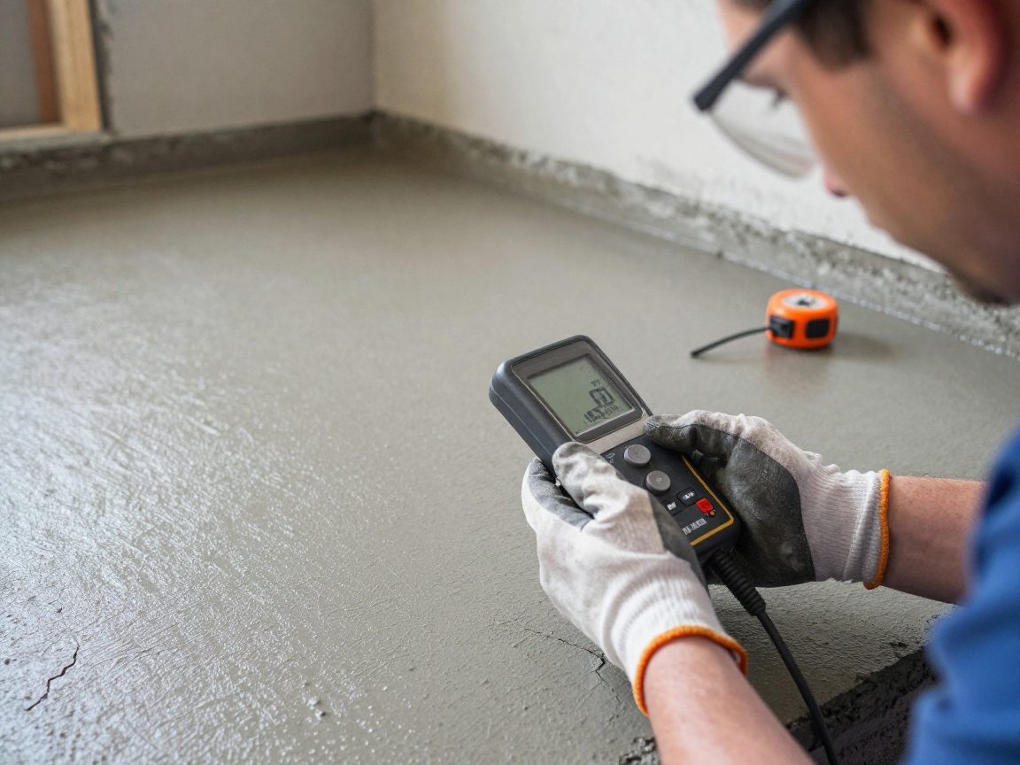 Techniker mit Handschuhen und Schutzbrille misst die Feuchtigkeit eines neuen Estrichs, während Risse sichtbar sind