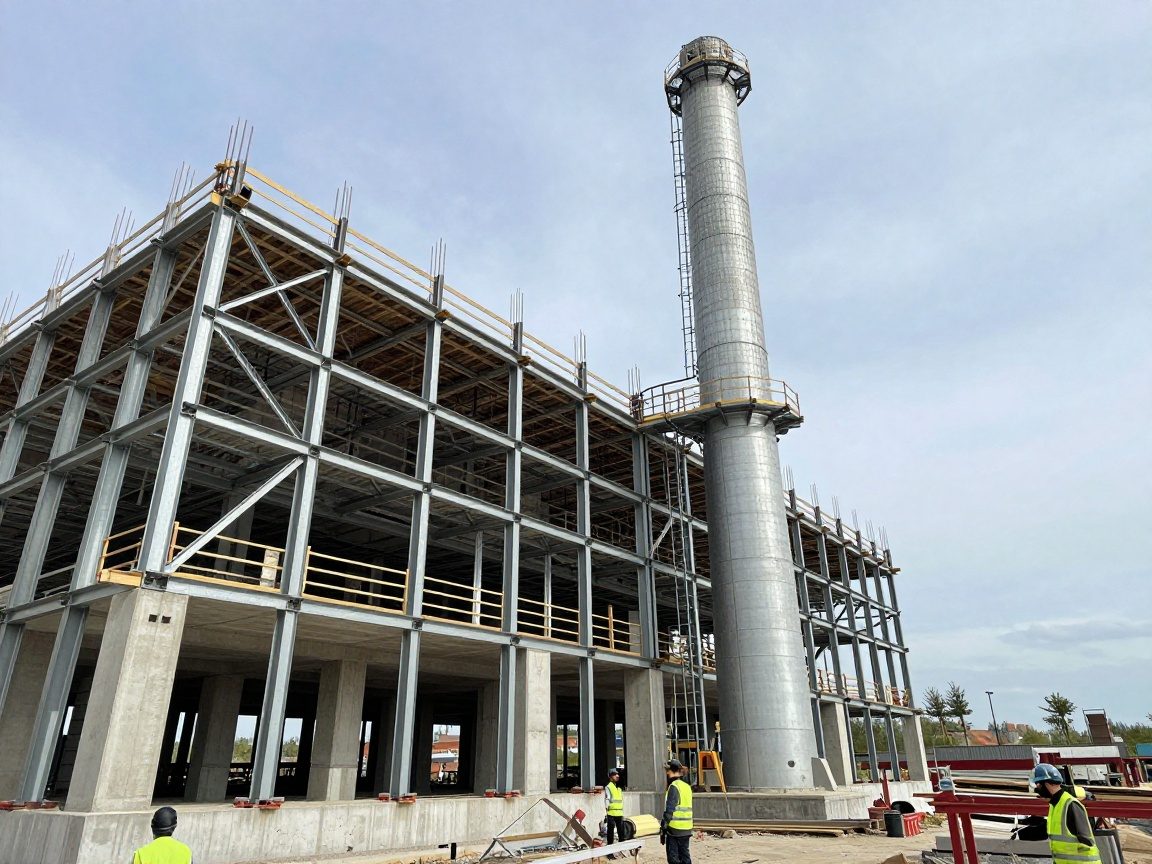 Weitwinkelaufnahme einer modernen deutschen Industriehalle im Bau, Stahlrahmen-Schornstein und Betonfundamente, Arbeiter in Sicherheitswesten prüfen die Struktur