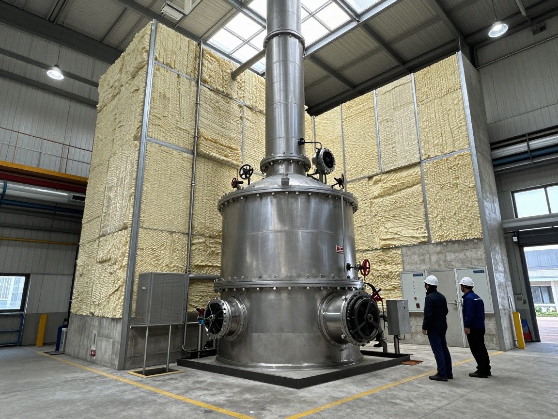 Edelstahl im Feuerungsbau – 30 % mehr Lebensdauer Moderne Industrie-Kesselhalle in Deutschland mit großem Edelstahlkessel, umgeben von Hochtemperatur-Isolationspaneelen und Betonfeuerwänden, Arbeiter mit Helmen inspizieren das Gerät