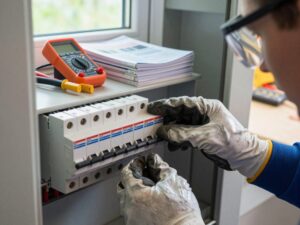 Techniker mit Schutzhandschuhen und Brille inspiziert einen FI-Schutzschalter in einem deutschen Hausstromkasten, um die Sicherheit zu gewährleisten.