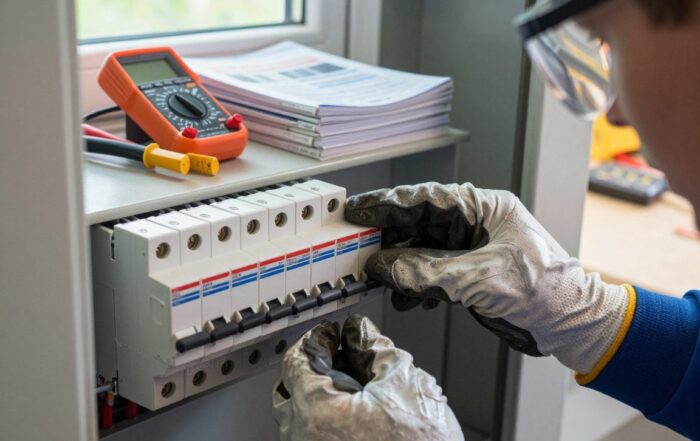 Techniker mit Schutzhandschuhen und Brille inspiziert einen FI-Schutzschalter in einem deutschen Hausstromkasten, um die Sicherheit zu gewährleisten.