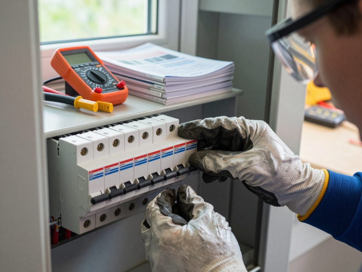 Techniker mit Schutzhandschuhen und Brille inspiziert einen FI-Schutzschalter in einem deutschen Hausstromkasten, um die Sicherheit zu gewährleisten.
