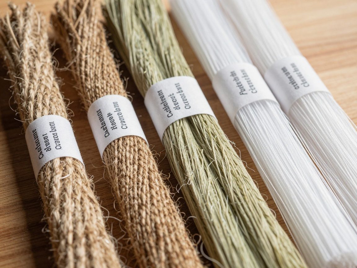 Nahaufnahme von Hanf, Flachs, Sisal und Polypropylenfasern auf Holzfläche, beschriftet mit deutschen Angaben zu Zugfestigkeit und Feuchtigkeitsbeständigkeit